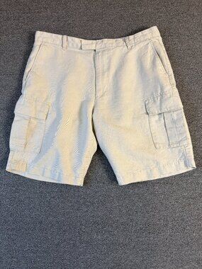 Claiborne Men's 34 Khaki Cargo Shorts 6 Pocket Linen Cotton Blend Relaxed Fit